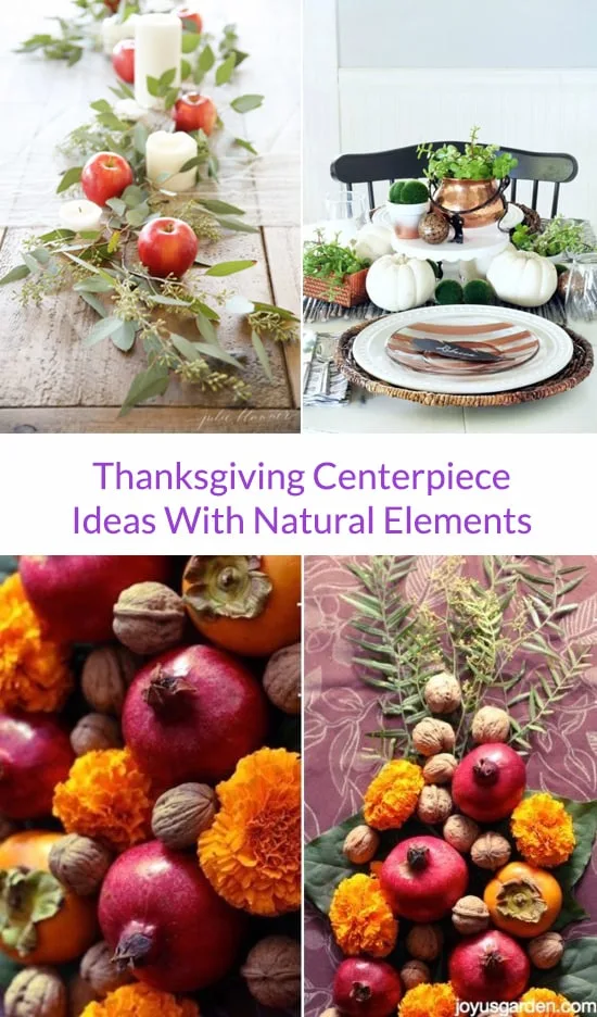 a collage showing 4 thanksgiving centerpieces for fall the text reads thanksgiving centerpiece ideas with natural elements