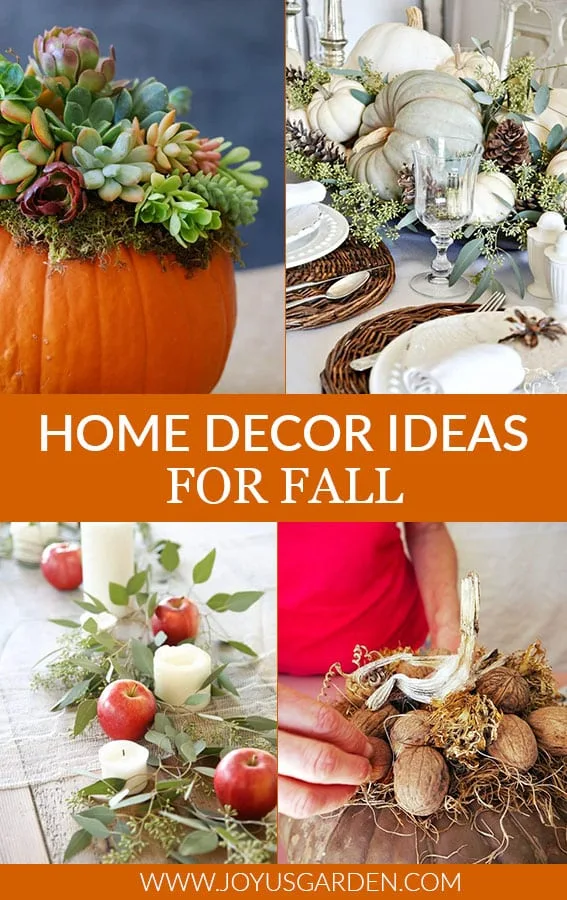 A collage with photos of 4 fall decorating ideas the text in the middle reads home decor ideas for fall joyusgarden.com.