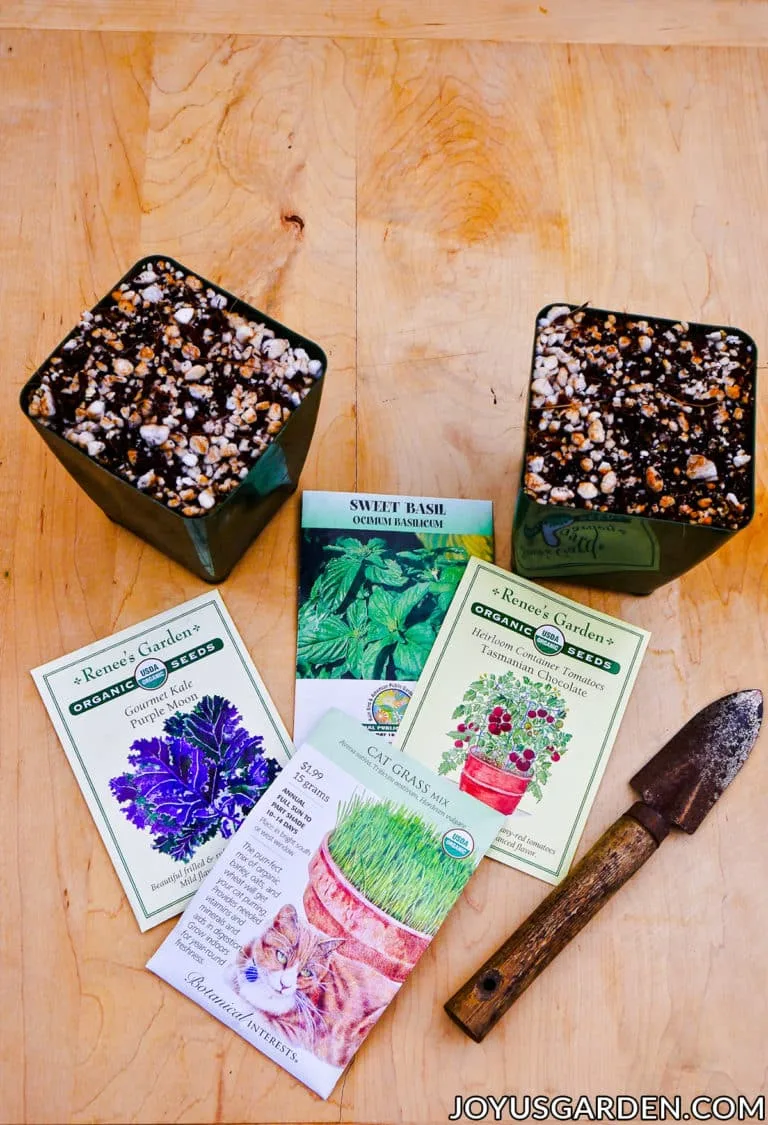 2 4" grow pots filled with diy seed starting mix sit next to seed packets & a mini trowel