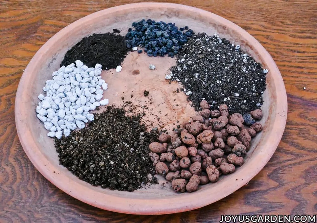 Saucer filled with lava rock, Happy Frog potting soil, clay pebbles, worm compost, pumice & compost.