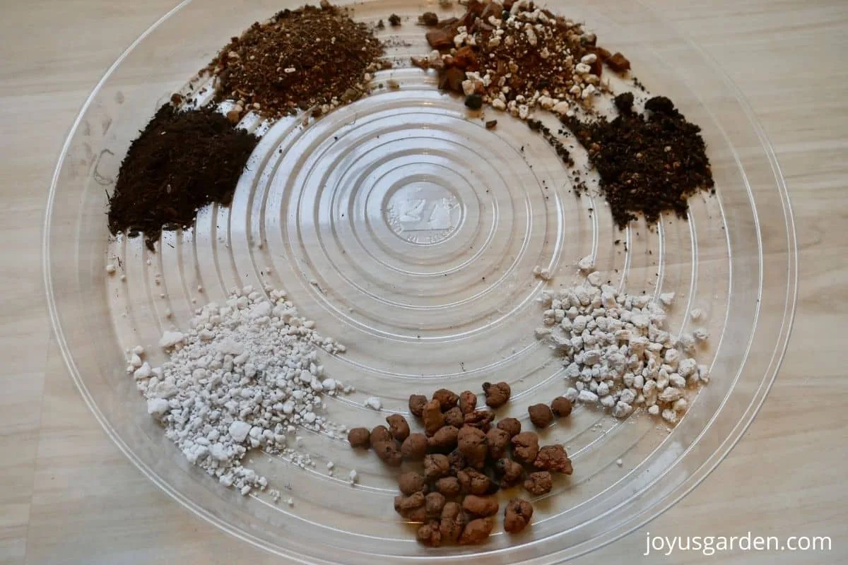 Seven different small piles of soil amendments on a plastic tray.