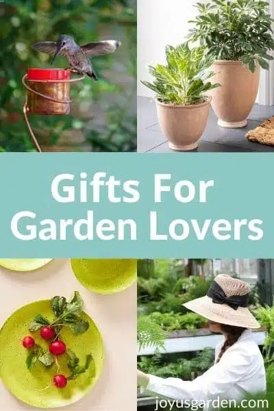 A collage consisting of 4 photos showing green plates hummingbird feeder terra-cotta planters & a straw hat with the text gifts for garden lovers.