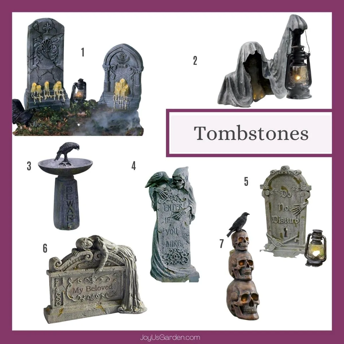 A collage of 7 tombstones to buy online & use to create a halloween cemetery scene.