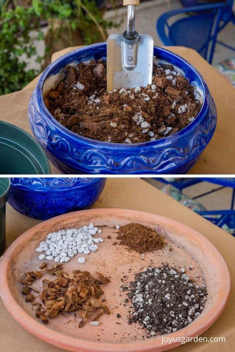 a collage with 2 photos the tops shows a blue ceramic bowl with a trowel & the bottom a terra cotta saucer with 4 soil amendments in piles