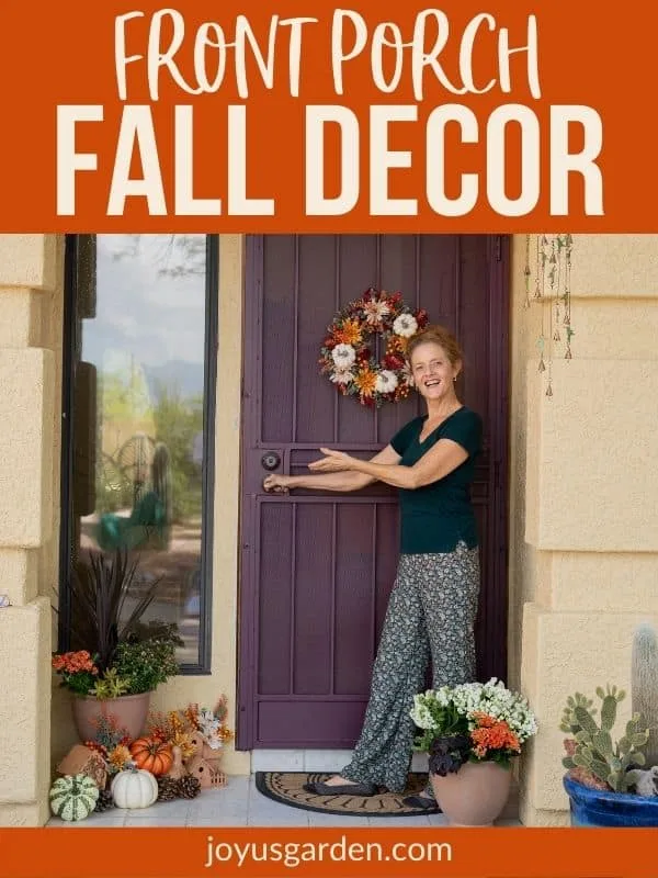 nell foster stands outside at the front door with fall front porch decor ideas the textt reads front porch fall decor