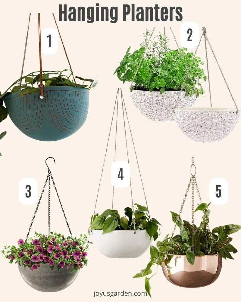 Collage of 5 hanging planters with various plants inside