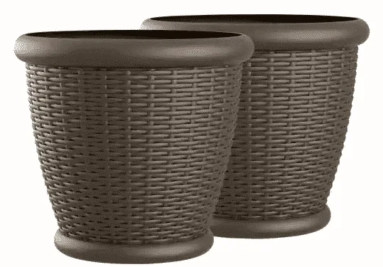 Two brown pots with wicker pattern for sale at home depot.