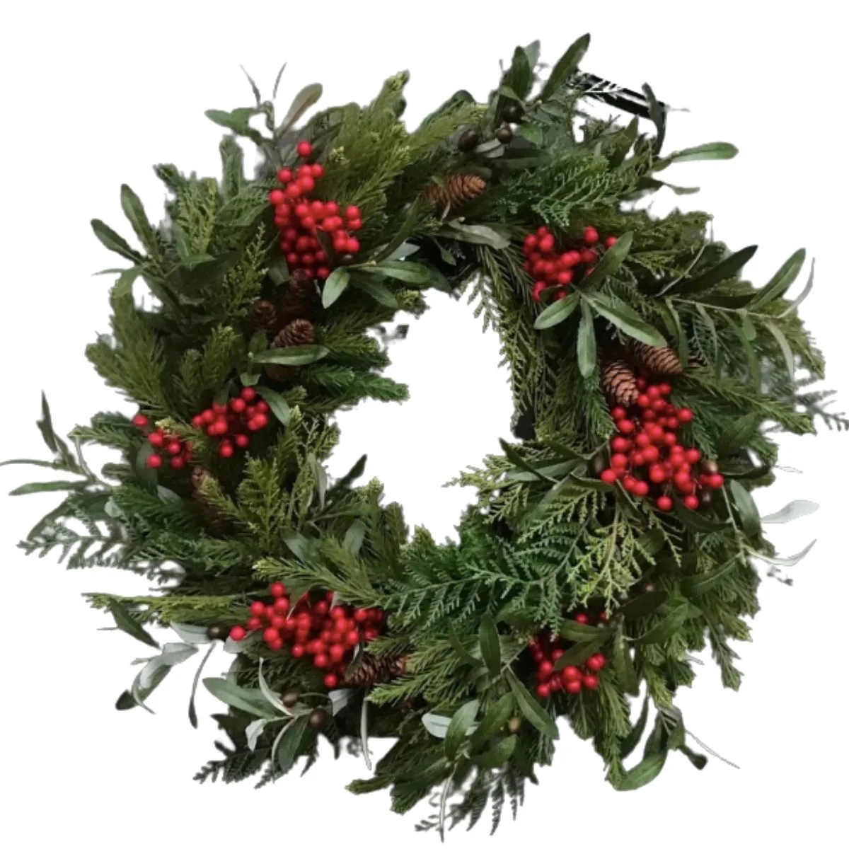 artificial  wreath using evergreens, pine, olive branches, and red berries from etsy