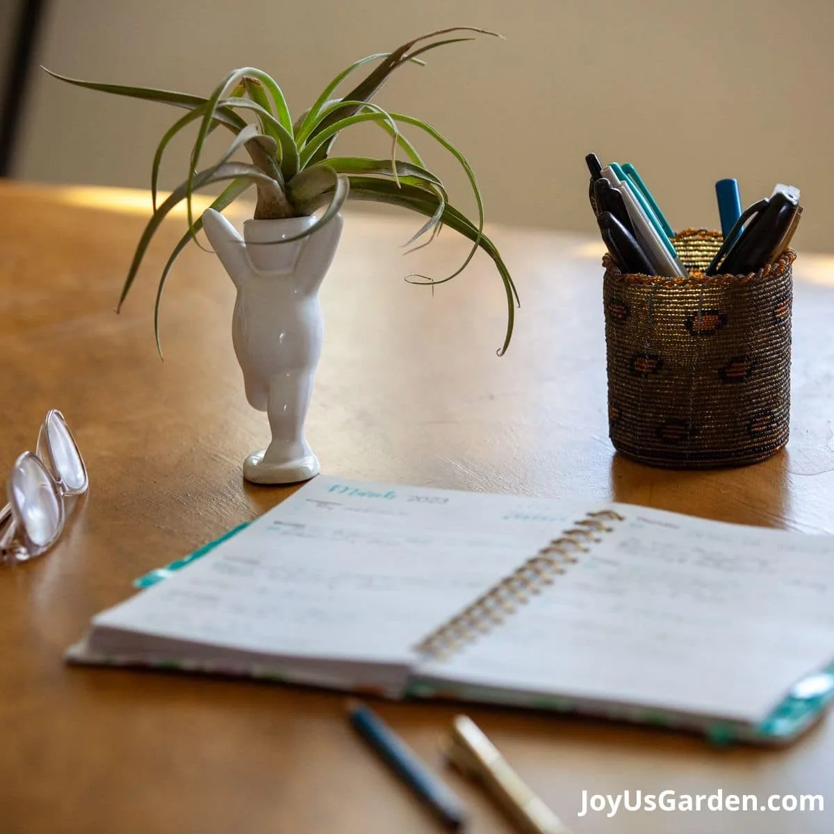 Air plant in human figurine plant holder in office desk with glasses, notebook, and pens.