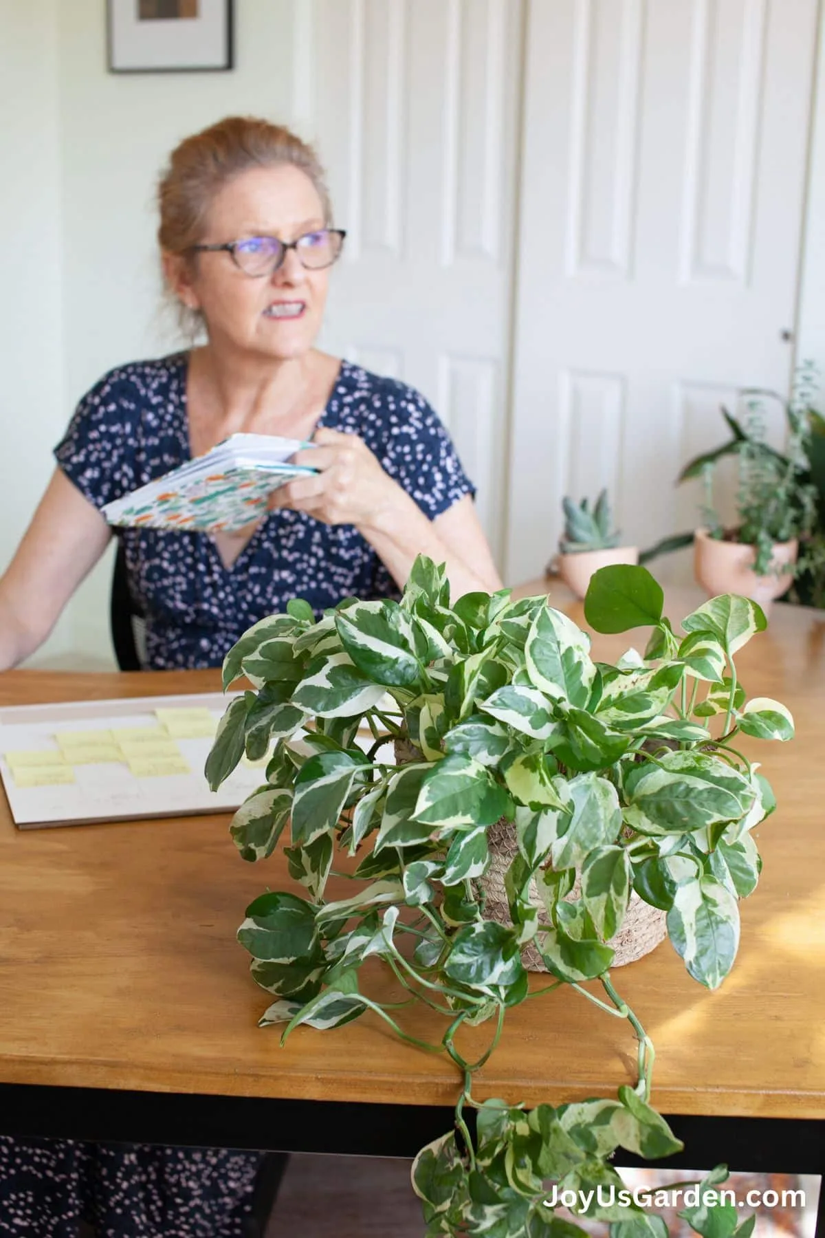 Nell Foster sitting at office desk, with a variegated pothos n joy on top of desk. 