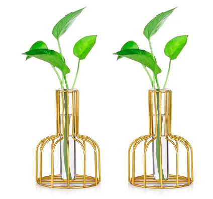 Gold Geometric Test Tube Vases with plant cuttings growing from walmart.