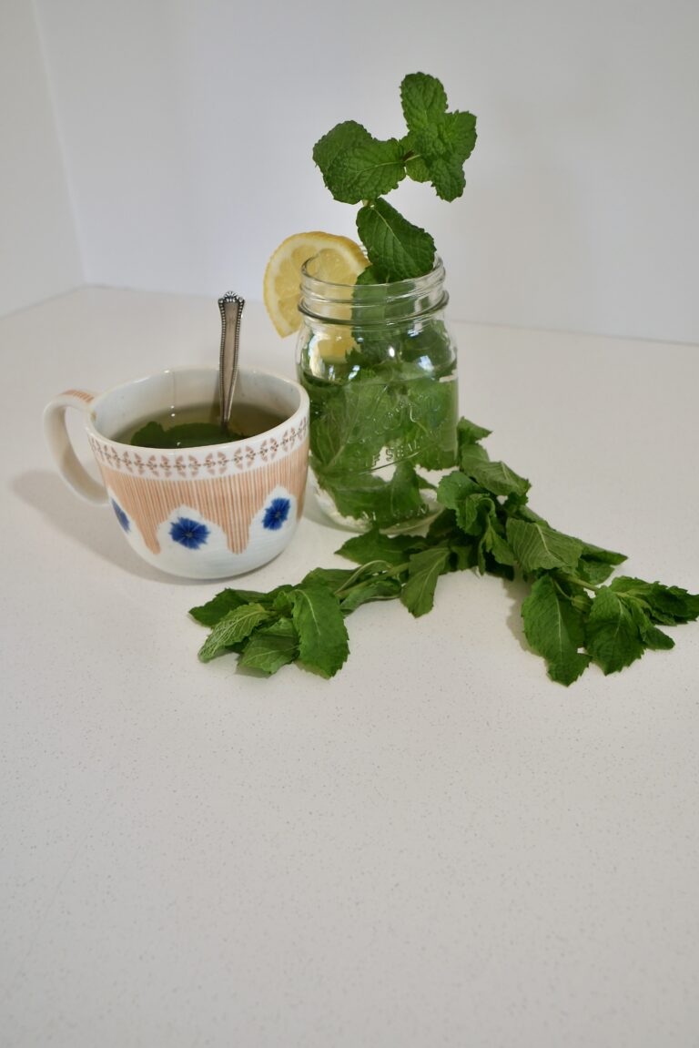 Mint leaves are inside of a mason jar sitting next to a mint tea on kitchen counter.