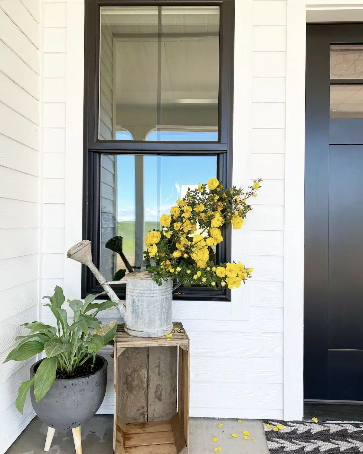 watering can, wooden crate, and stone-like planter on front porch