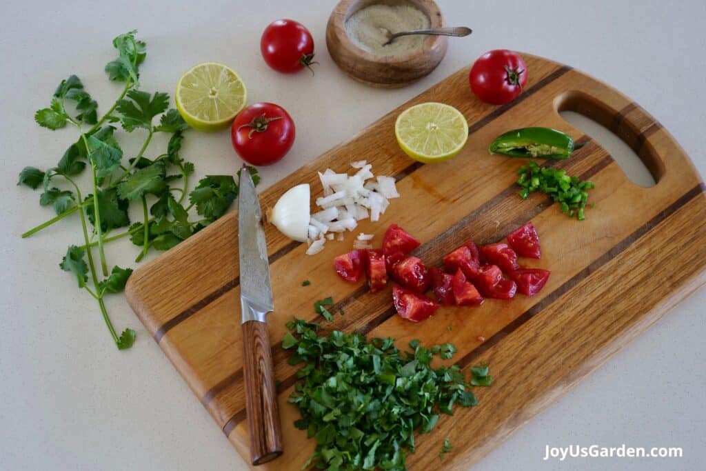 Various salsa ingredients; tomato, onion, cilantro, lime, jalapeno sit atop a cutting board with a kitchen knife. 