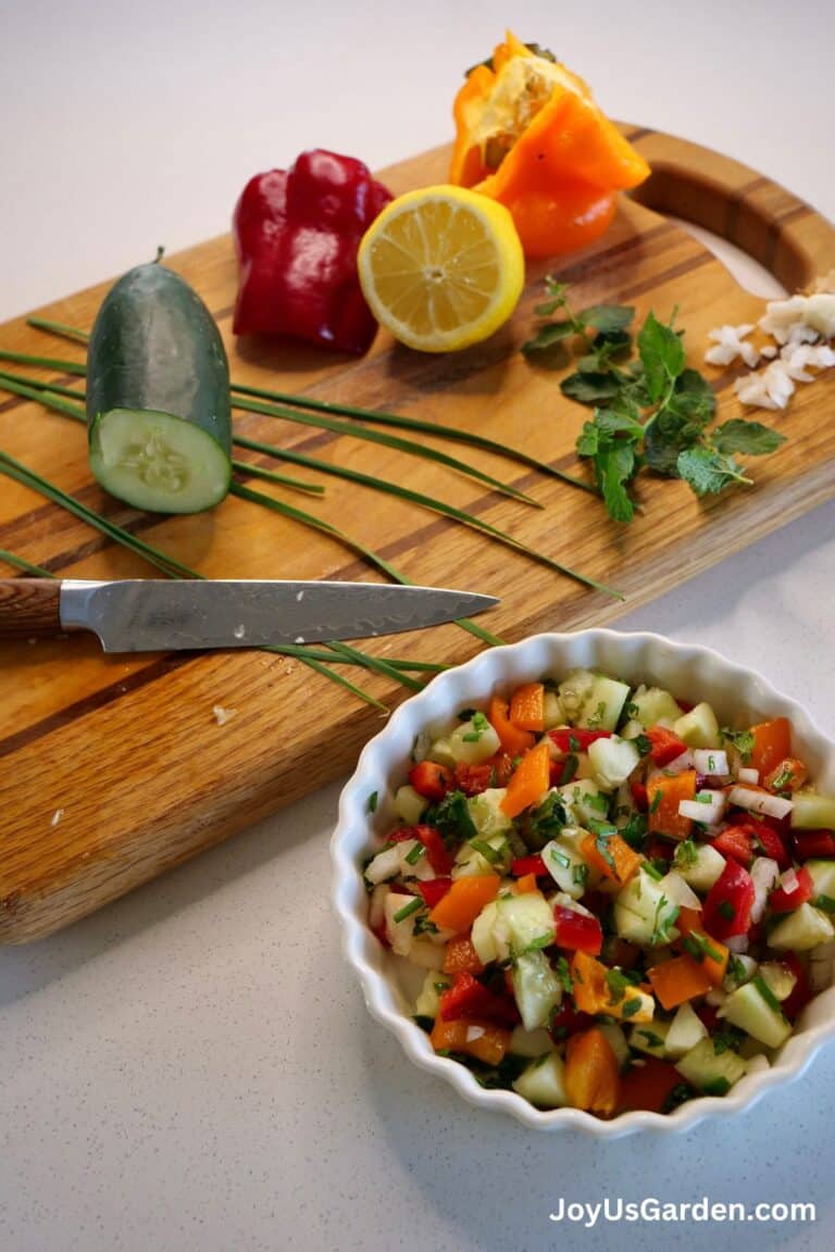 A variety of salsa ingredients is atop a cutting board with a kitchen knife, there is a bowl of salsa off to the side.